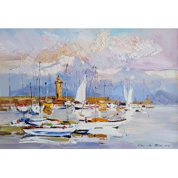 “The pier of Desenzano with the lighthouse”, oil on canvas, 90x130 cm